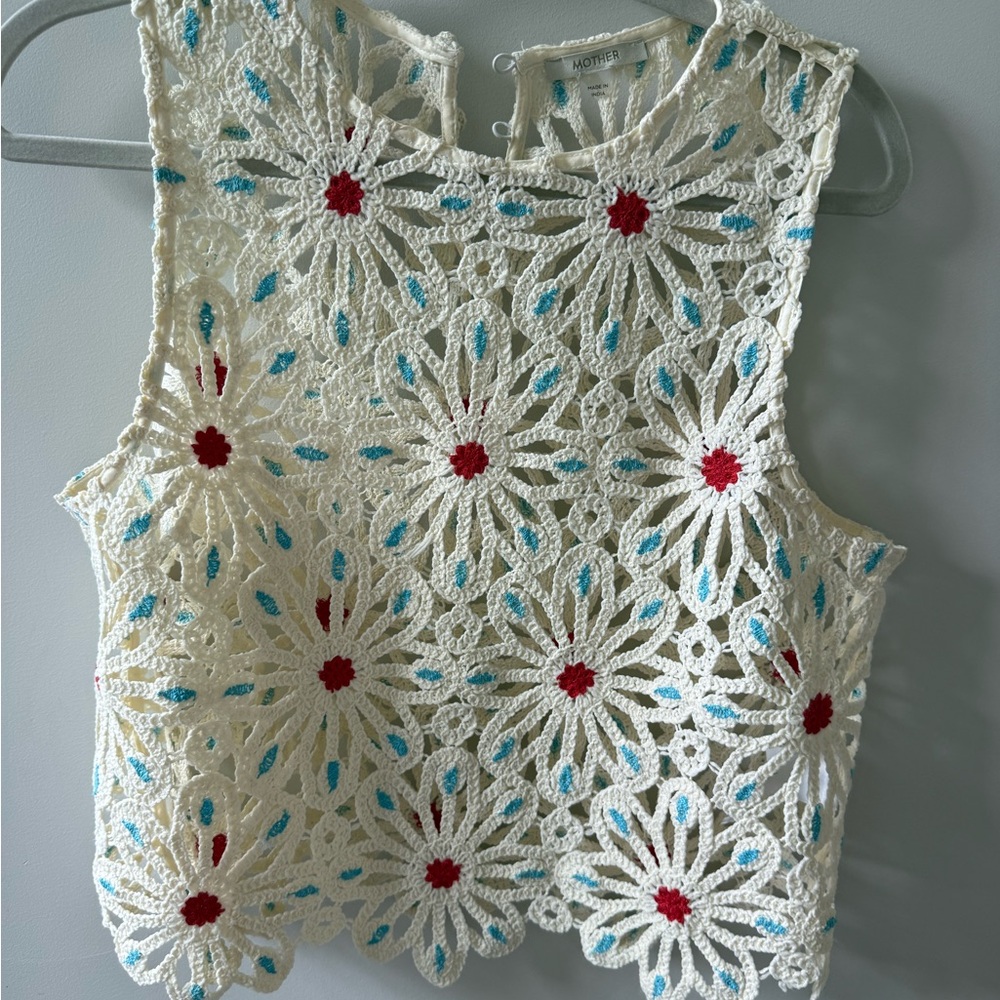 MOTHER Cream Embellished Cropped Tank Top